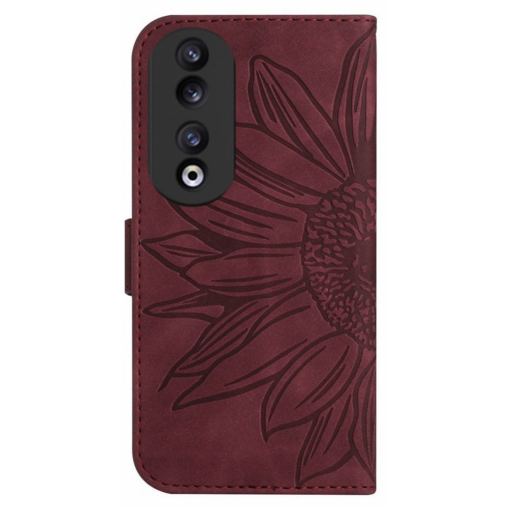 HT04 Sunflower Pattern Leather Case for Honor 90 , Wallet Stand Phone Cover with Hand Strap