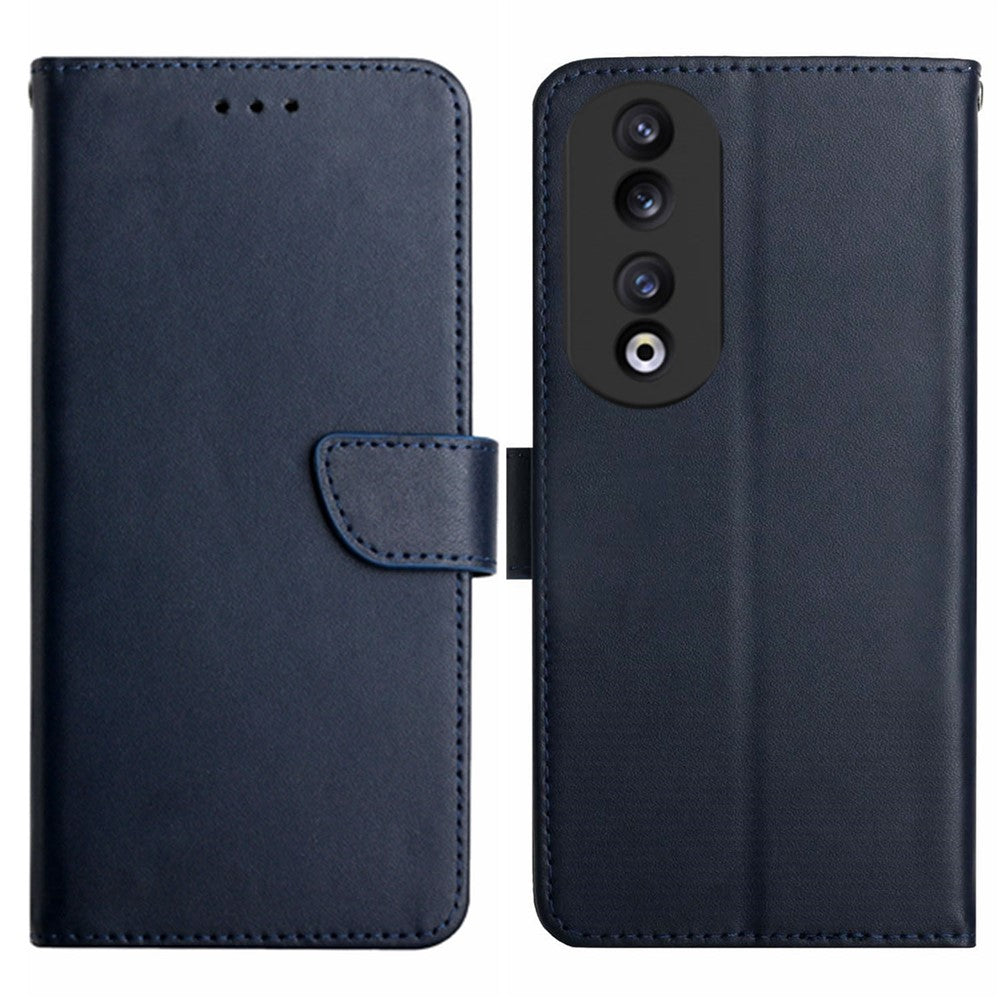 HT02 Genuine Cow Leather Phone Case for Honor 90 , Wallet Stand Nappa Texture Phone Cover