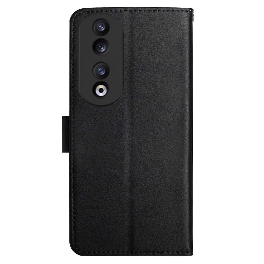 HT02 Genuine Cow Leather Phone Case for Honor 90 , Wallet Stand Nappa Texture Phone Cover