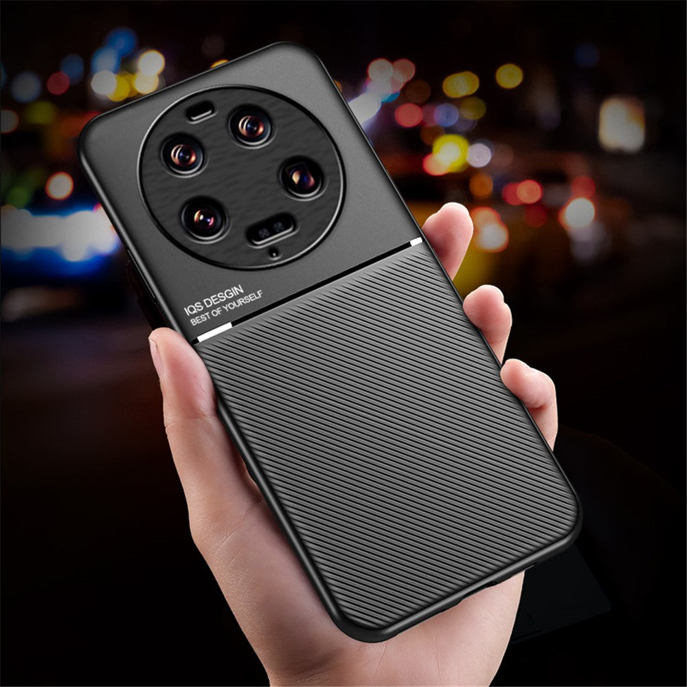 For Xiaomi 13 Ultra Lines Imprinted PU Leather+TPU Case Magnetic Car Holder Phone Cover