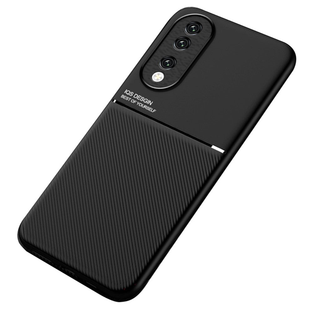 PU Leather+TPU Phone Cover for Honor 90 , Lines Imprinted Magnetic Car Holder Cell Phone Case