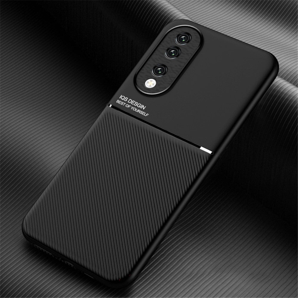 PU Leather+TPU Phone Cover for Honor 90 , Lines Imprinted Magnetic Car Holder Cell Phone Case
