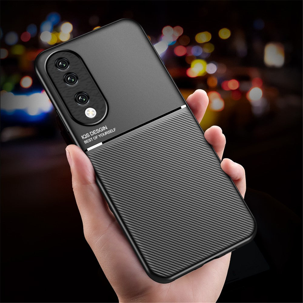 PU Leather+TPU Phone Cover for Honor 90 , Lines Imprinted Magnetic Car Holder Cell Phone Case