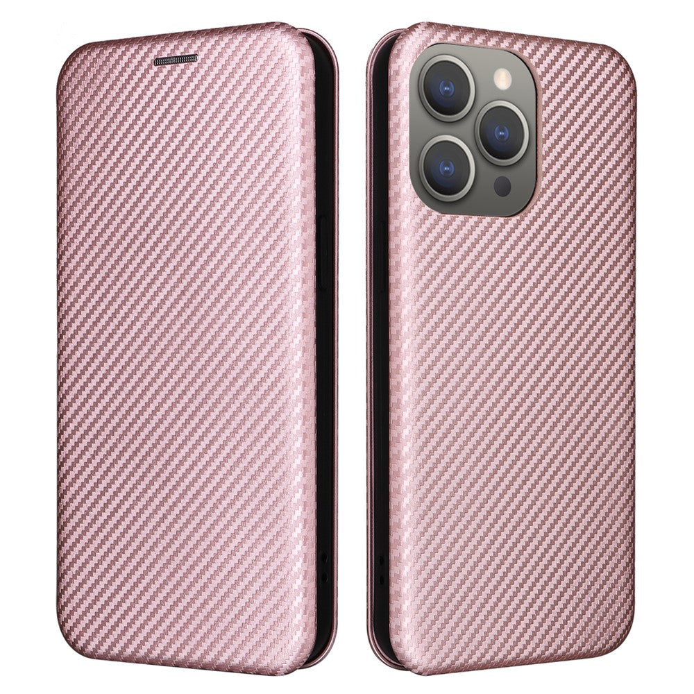 PU Leather Card Holder Phone Case for iPhone 15 Pro , Carbon Fiber Texture Stand Cover