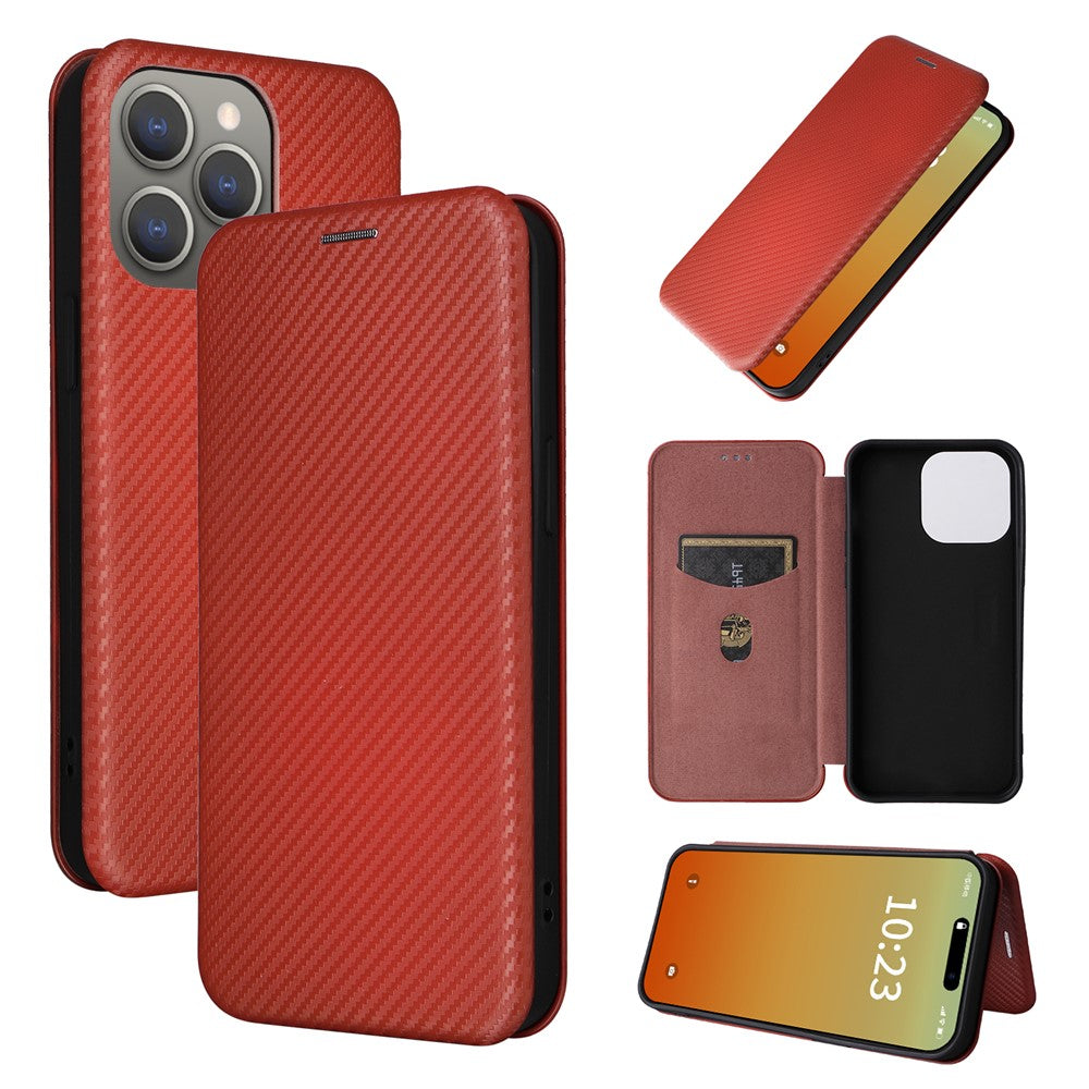 PU Leather Card Holder Phone Case for iPhone 15 Pro , Carbon Fiber Texture Stand Cover