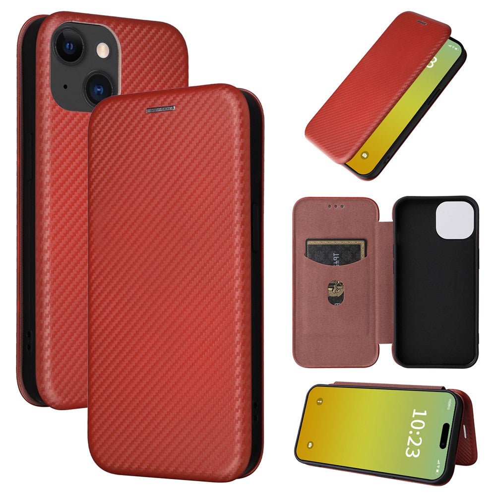 Card Holder Phone Stand Case for iPhone 15 Plus , Carbon Fiber Texture PU Leather Cover