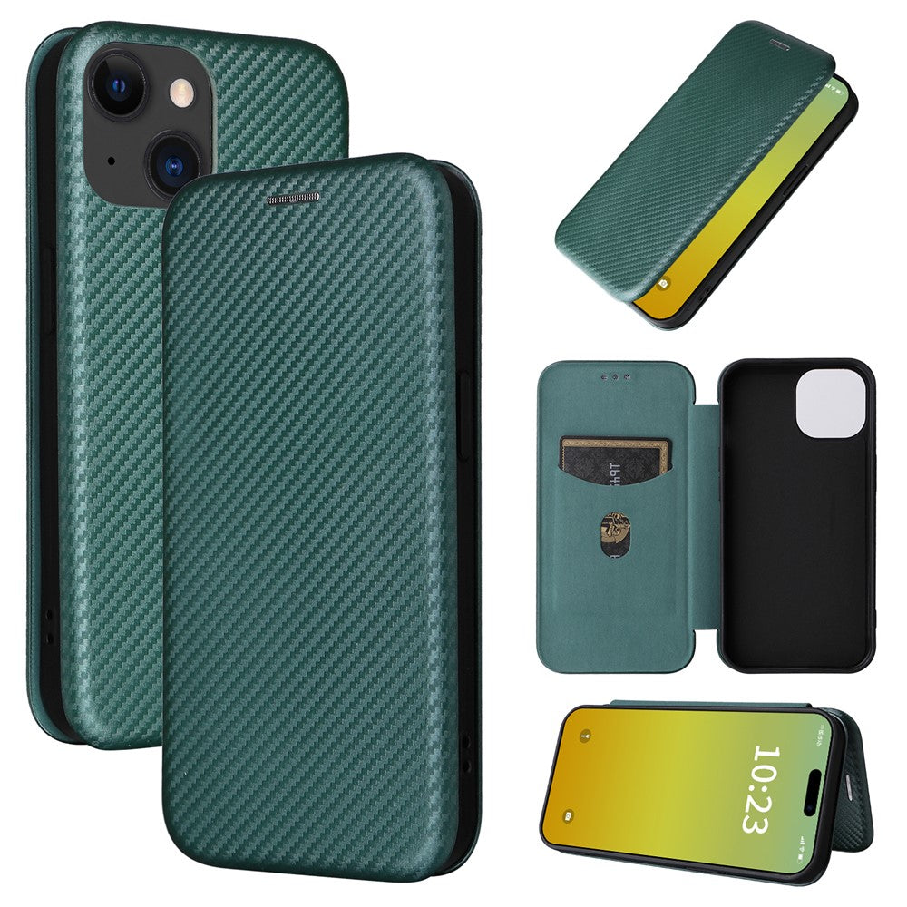 Card Holder Phone Stand Case for iPhone 15 Plus , Carbon Fiber Texture PU Leather Cover