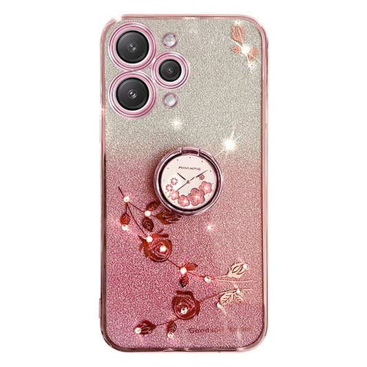 KADEM For Xiaomi Redmi 12 5G (Global) / Note 12R 5G / Poco M6 Pro 5G Cellphone Case with Ring Kickstand Glitter Flower Pattern TPU Cover