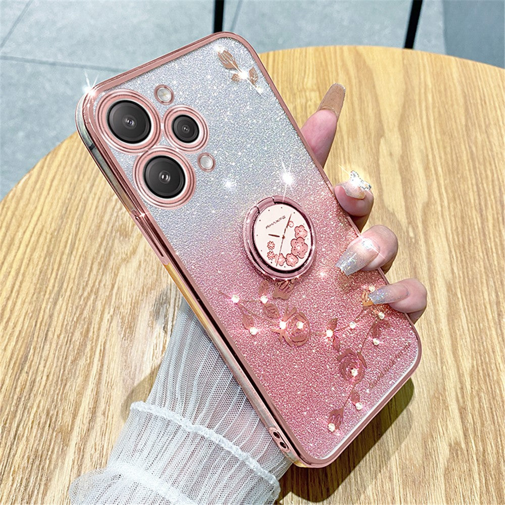 KADEM For Xiaomi Redmi 12 5G (Global) / Note 12R 5G / Poco M6 Pro 5G Cellphone Case with Ring Kickstand Glitter Flower Pattern TPU Cover