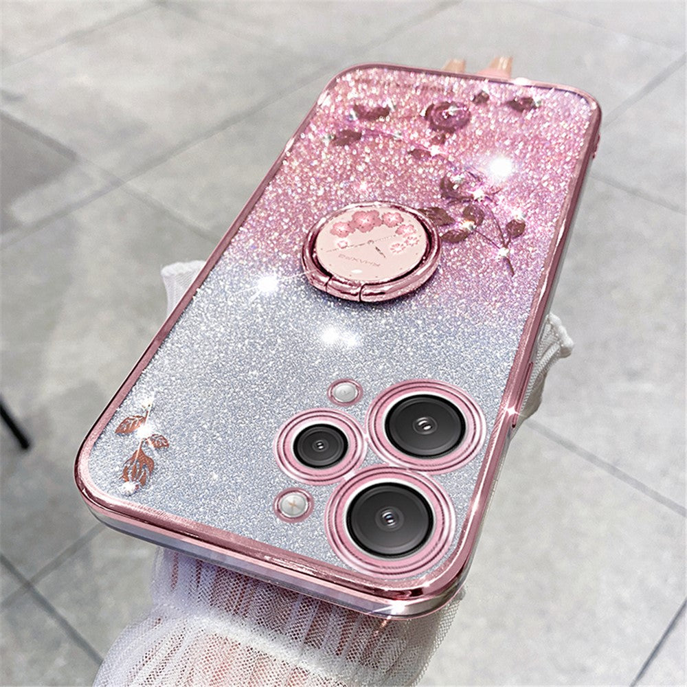 KADEM For Xiaomi Redmi 12 5G (Global) / Note 12R 5G / Poco M6 Pro 5G Cellphone Case with Ring Kickstand Glitter Flower Pattern TPU Cover