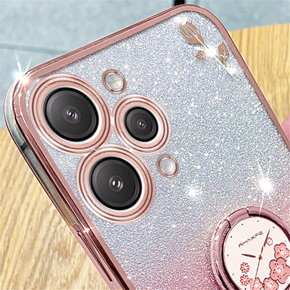 KADEM For Xiaomi Redmi 12 5G (Global) / Note 12R 5G / Poco M6 Pro 5G Cellphone Case with Ring Kickstand Glitter Flower Pattern TPU Cover