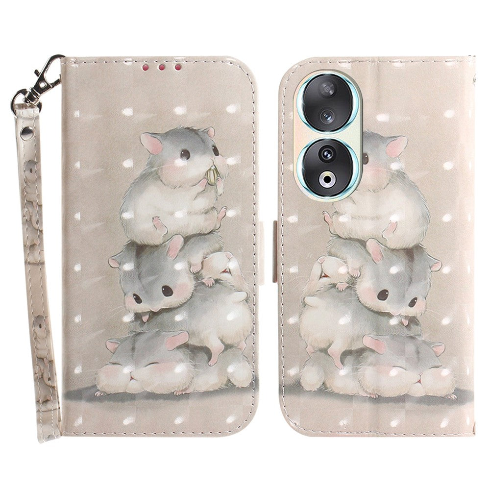 For Honor 90 PU Leather 3D Pattern Printed Phone Case Stand Wallet Drop-proof Cover with Strap