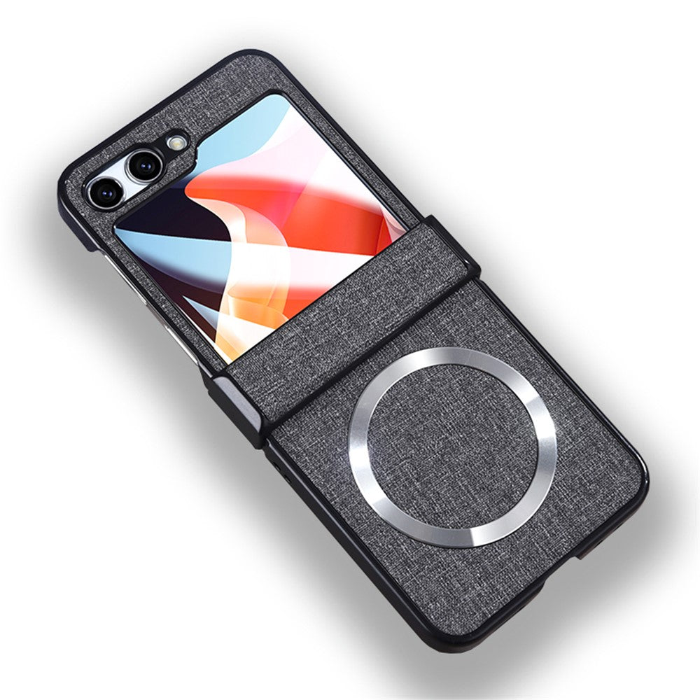 For Samsung Galaxy Z Flip5 5G Hinge Design Magnetic Case Cloth Texture Leather+PC Phone Cover with Tempered Glass Rear Screen Protector