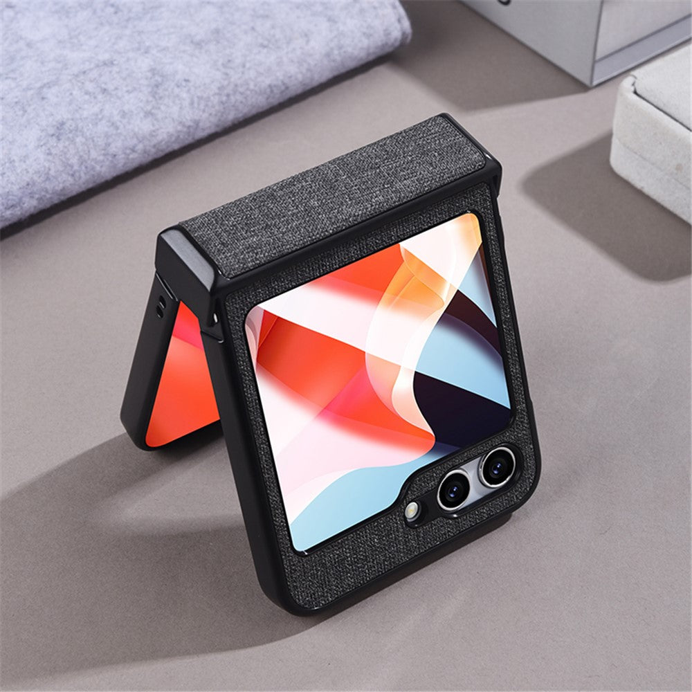 For Samsung Galaxy Z Flip5 5G Hinge Design Magnetic Case Cloth Texture Leather+PC Phone Cover with Tempered Glass Rear Screen Protector