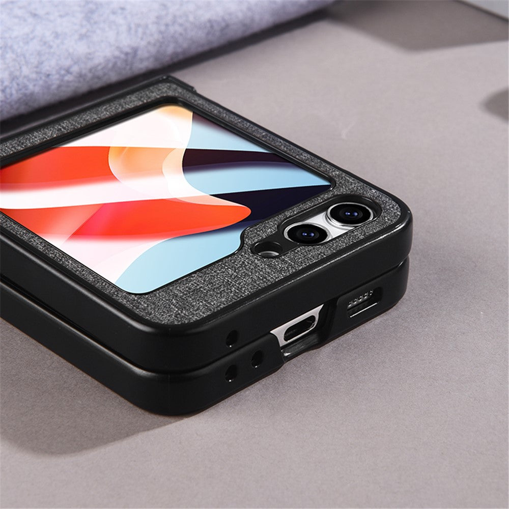 For Samsung Galaxy Z Flip5 5G Hinge Design Magnetic Case Cloth Texture Leather+PC Phone Cover with Tempered Glass Rear Screen Protector