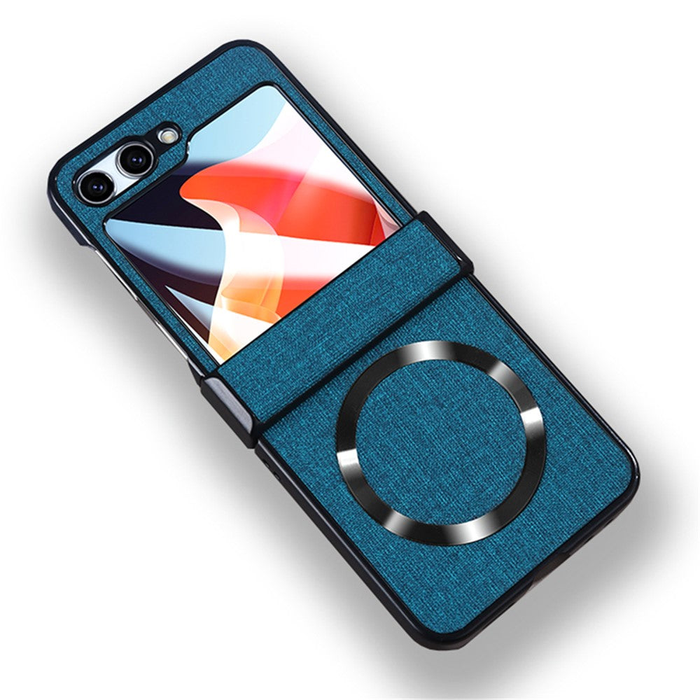 For Samsung Galaxy Z Flip5 5G Hinge Design Magnetic Case Cloth Texture Leather+PC Phone Cover with Tempered Glass Rear Screen Protector
