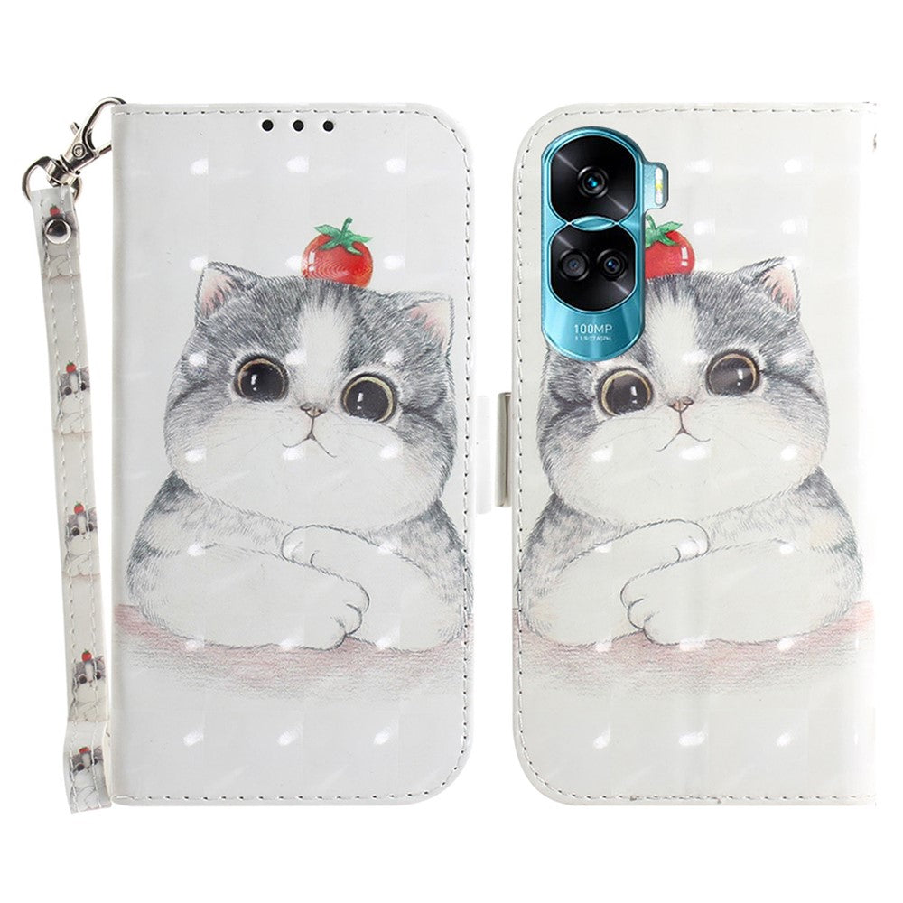 Flip Folio PU Leather Phone Case for Honor 90 Lite 5G / X50i 5G , 3D Pattern Printing Wallet Stand Cover with Strap