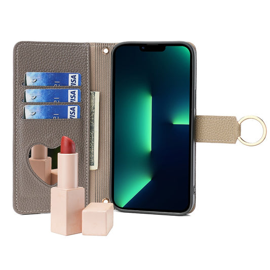 iPhone 15 Plus Wallet-Hülle – Litschi-Textur, mit Spiegel & Kettenschultergurt