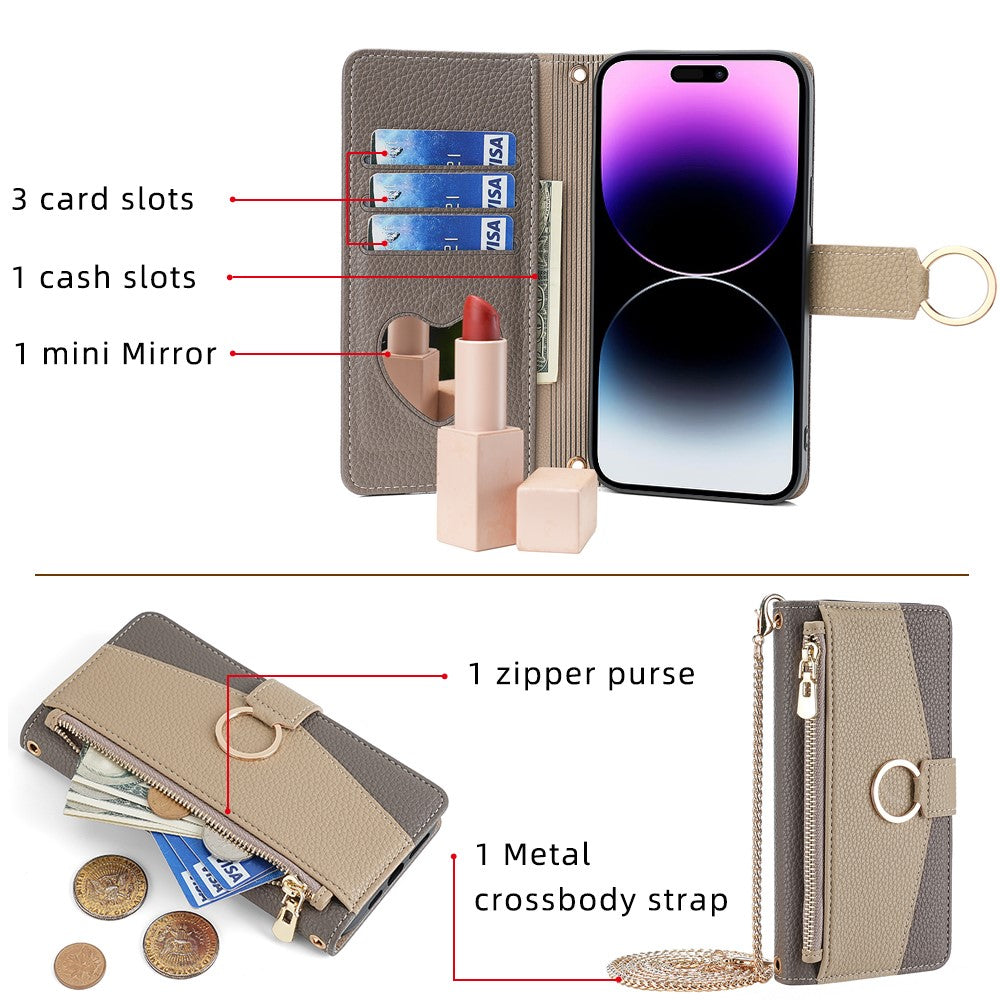 iPhone 15 Plus Wallet-Hülle – Litschi-Textur, mit Spiegel & Kettenschultergurt