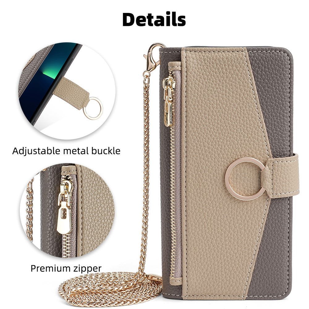 iPhone 15 Plus Wallet-Hülle – Litschi-Textur, mit Spiegel & Kettenschultergurt