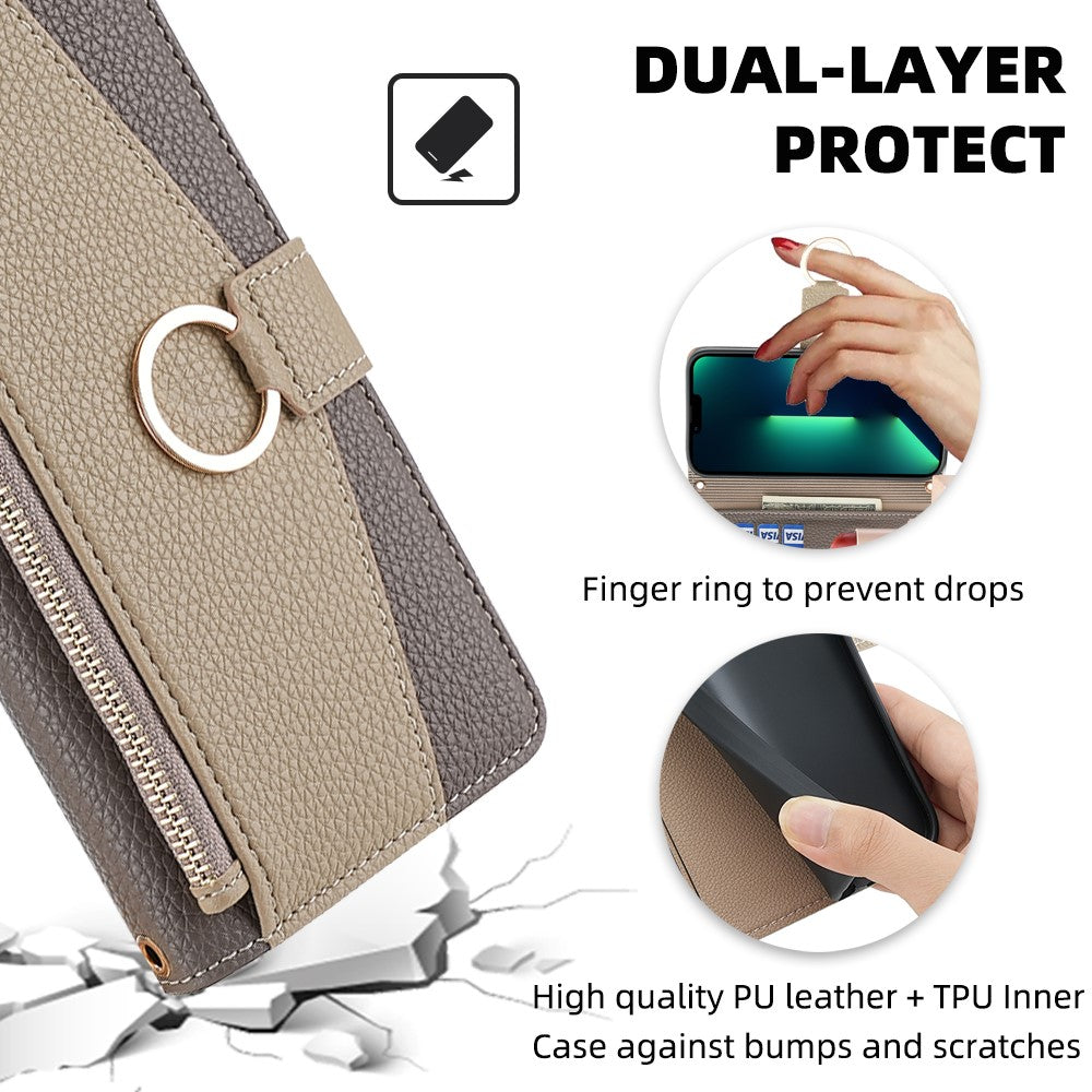 iPhone 15 Plus Wallet-Hülle – Litschi-Textur, mit Spiegel & Kettenschultergurt