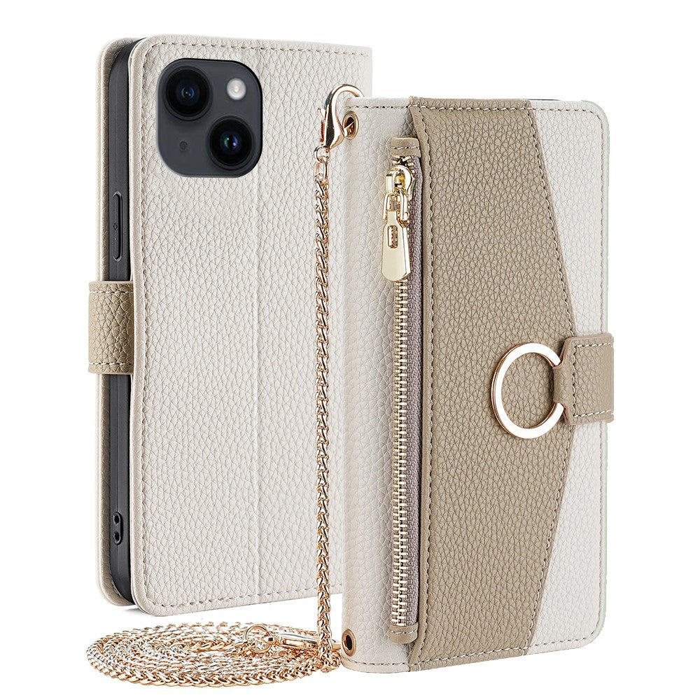 iPhone 15 Plus Wallet-Hülle – Litschi-Textur, mit Spiegel & Kettenschultergurt