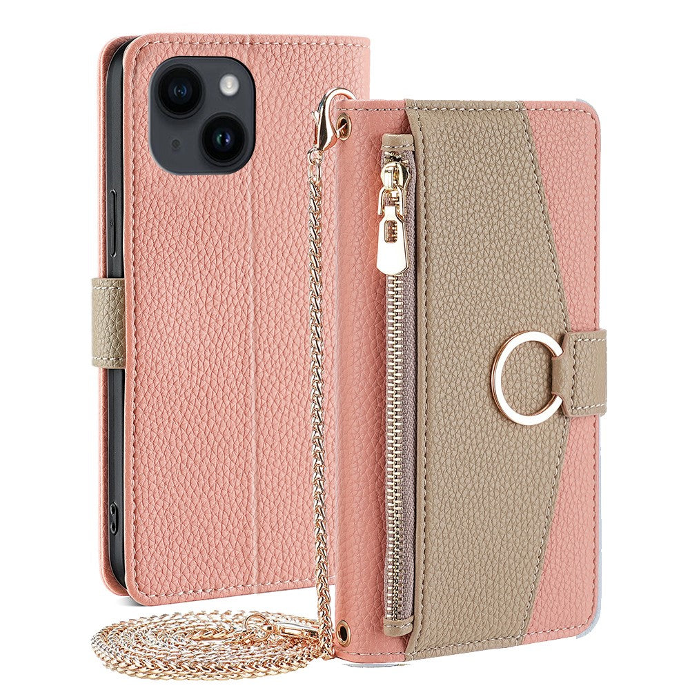 iPhone 15 Wallet-Hülle – Litschi-Textur, mit Spiegel & Kettenschultergurt