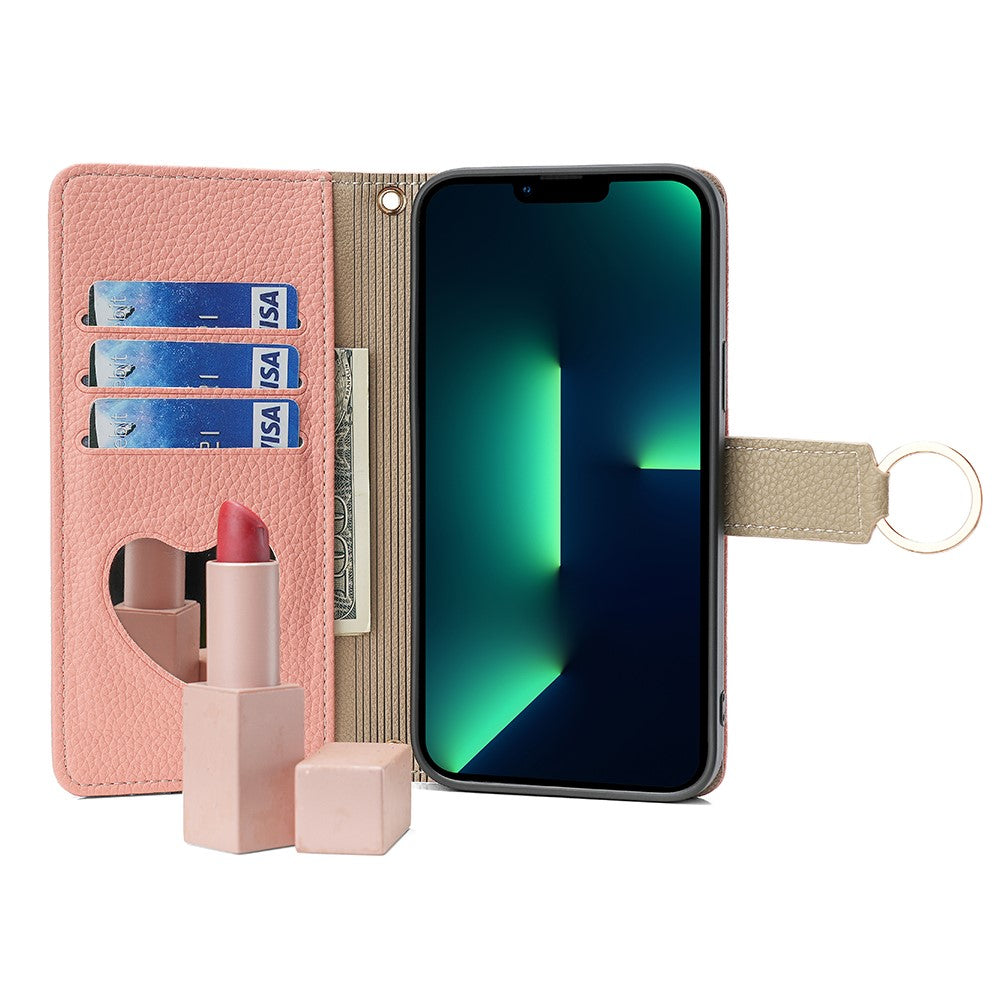 iPhone 15 Wallet-Hülle – Litschi-Textur, mit Spiegel & Kettenschultergurt