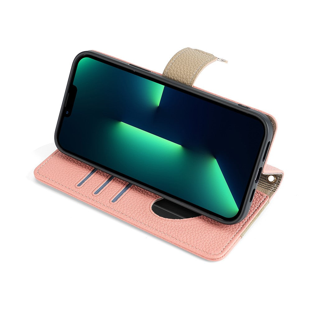 iPhone 15 Wallet-Hülle – Litschi-Textur, mit Spiegel & Kettenschultergurt