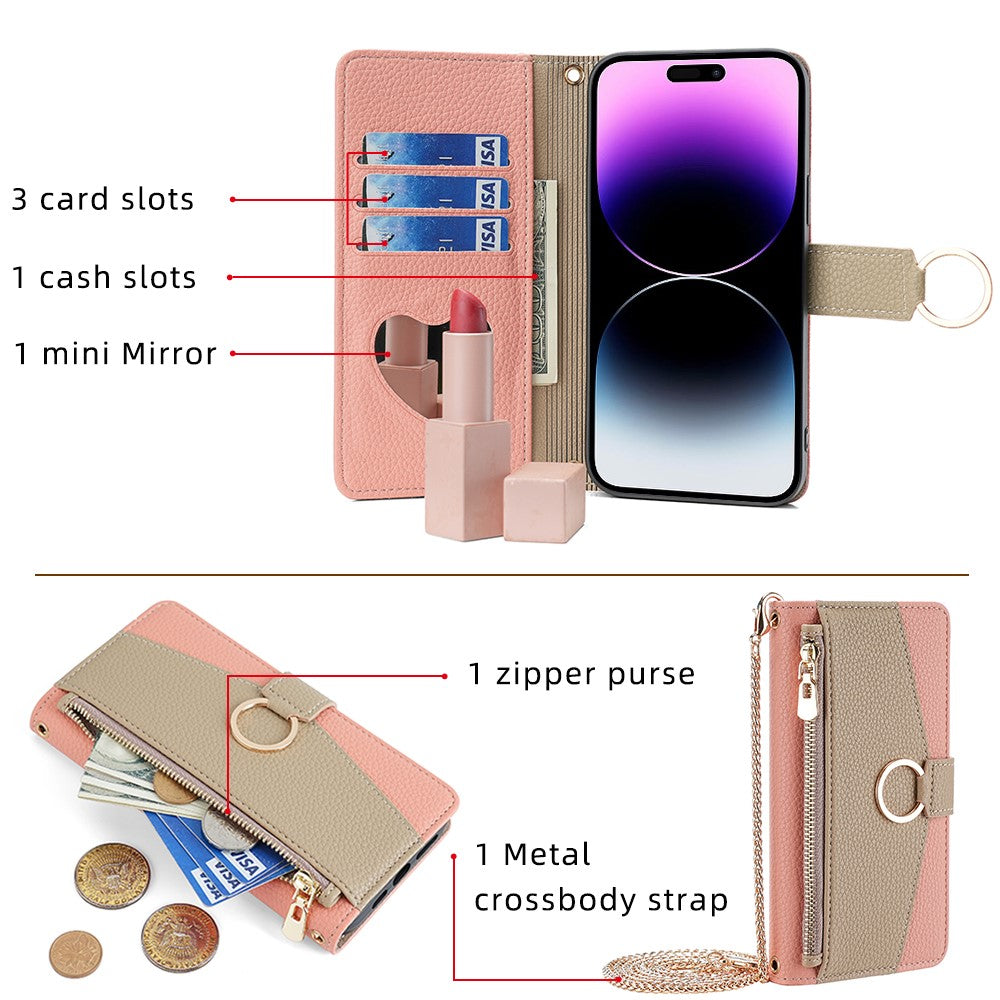 iPhone 15 Wallet-Hülle – Litschi-Textur, mit Spiegel & Kettenschultergurt