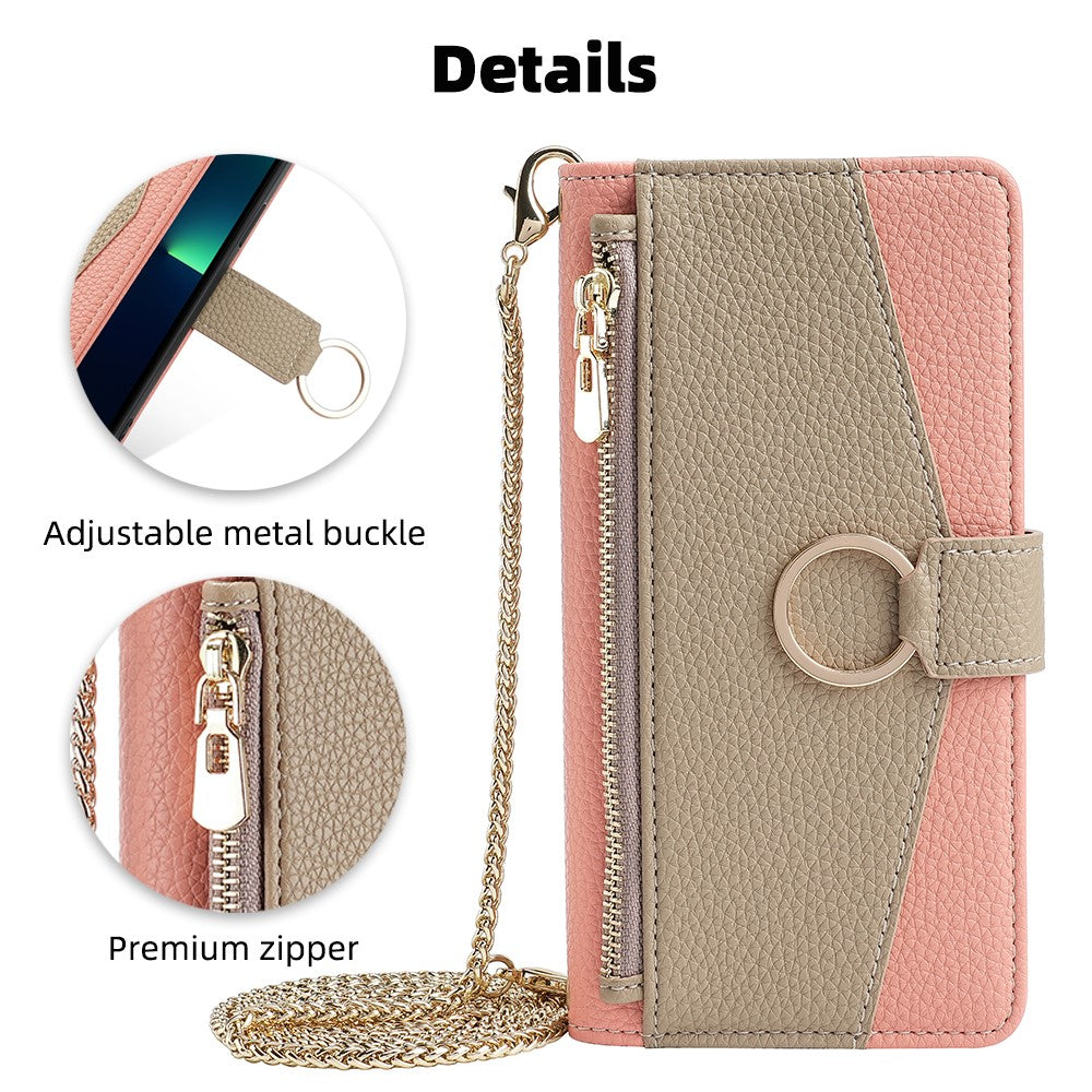 iPhone 15 Wallet-Hülle – Litschi-Textur, mit Spiegel & Kettenschultergurt
