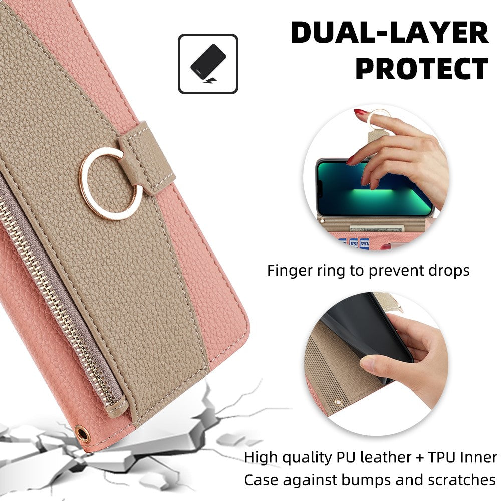 iPhone 15 Wallet-Hülle – Litschi-Textur, mit Spiegel & Kettenschultergurt