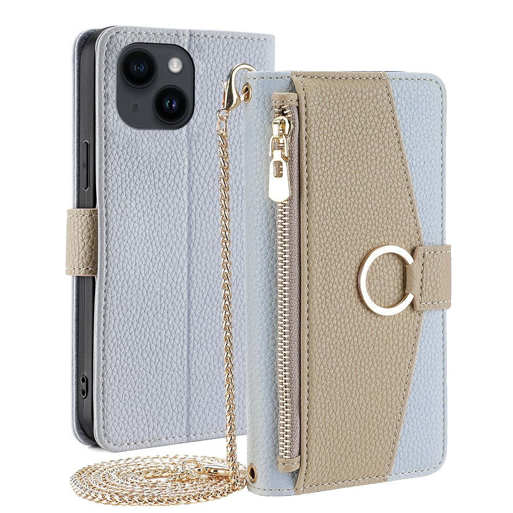 iPhone 15 Wallet-Hülle – Litschi-Textur, mit Spiegel & Kettenschultergurt