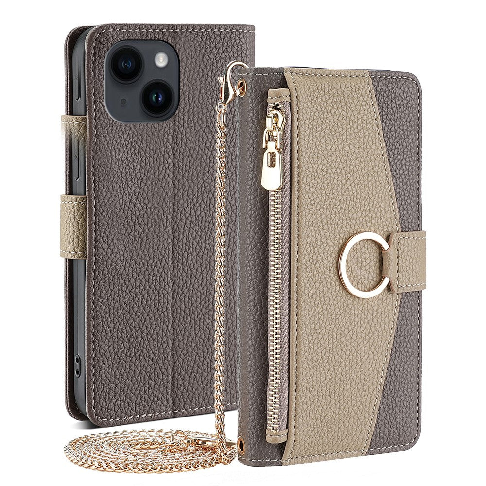 iPhone 15 Wallet-Hülle – Litschi-Textur, mit Spiegel & Kettenschultergurt