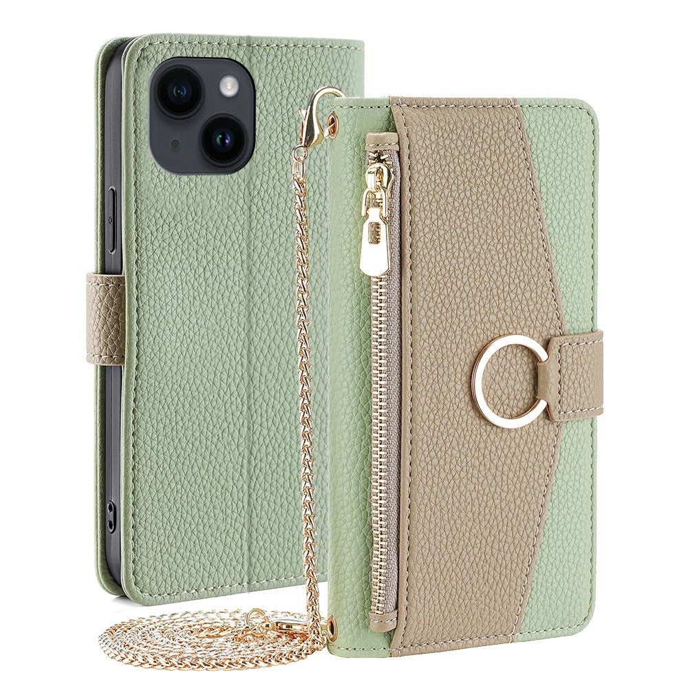 iPhone 15 Wallet-Hülle – Litschi-Textur, mit Spiegel & Kettenschultergurt