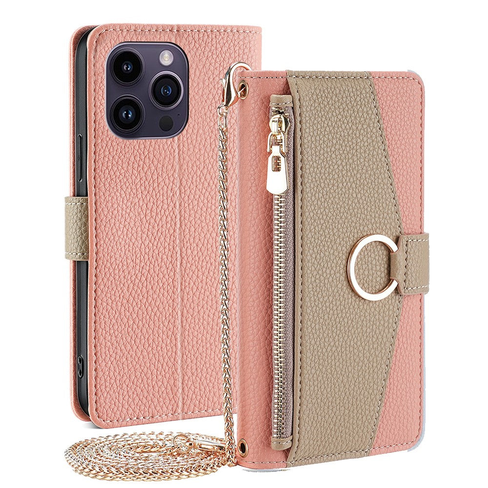 iPhone 15 Pro Max Wallet-Hülle – Litschi-Textur, mit Spiegel & Kettenschultergurt