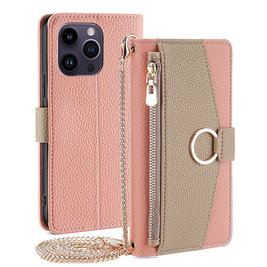 iPhone 15 Pro Max Wallet-Hülle – Litschi-Textur, mit Spiegel & Kettenschultergurt