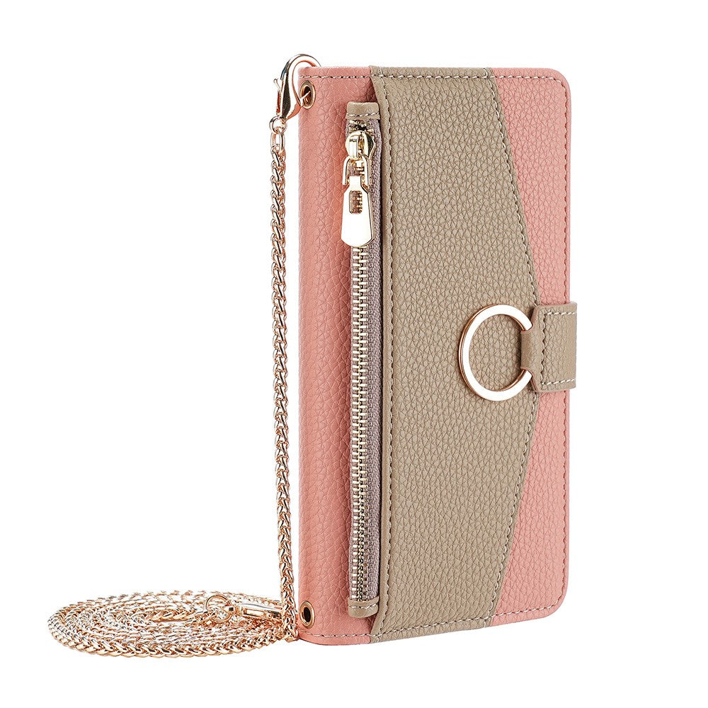 iPhone 15 Pro Max Wallet-Hülle – Litschi-Textur, mit Spiegel & Kettenschultergurt
