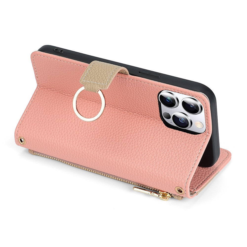 iPhone 15 Pro Max Wallet-Hülle – Litschi-Textur, mit Spiegel & Kettenschultergurt