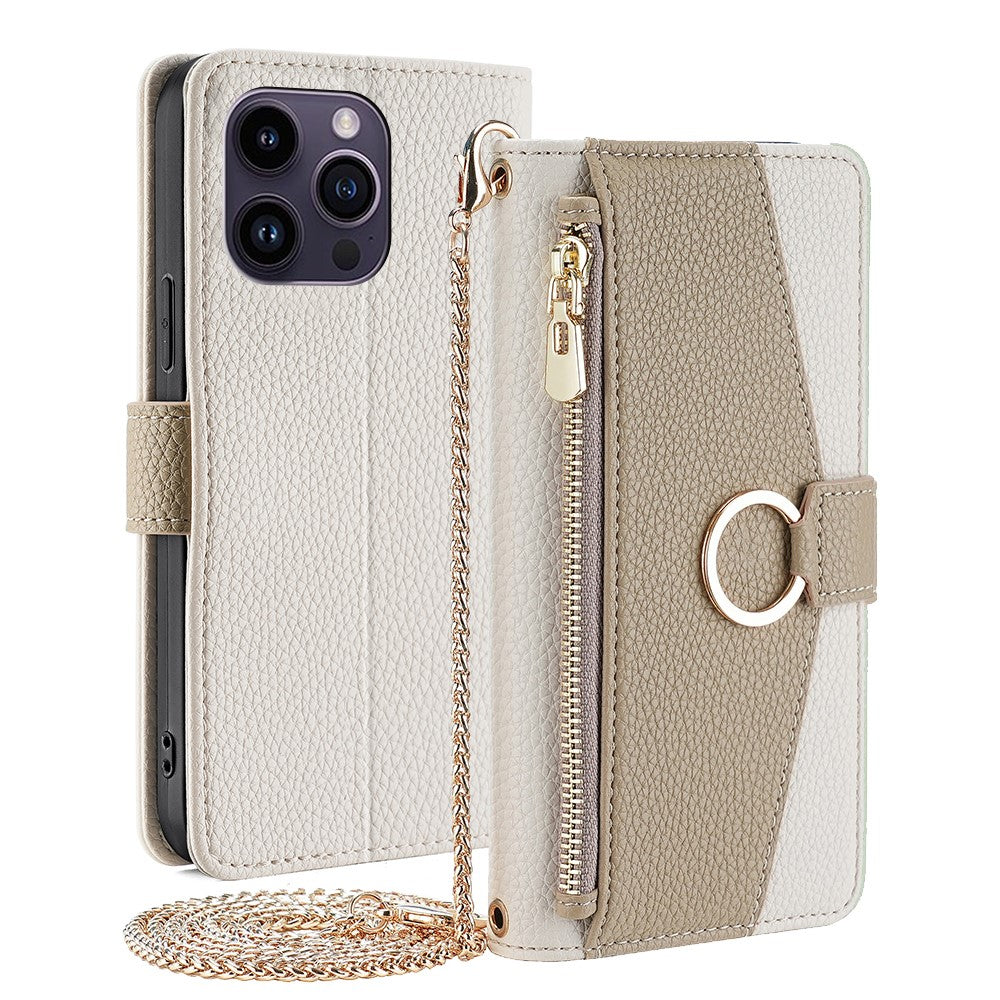 iPhone 15 Pro Max Wallet-Hülle – Litschi-Textur, mit Spiegel & Kettenschultergurt