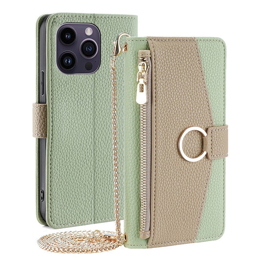 iPhone 15 Pro Wallet-Hülle – Litschi-Textur, mit Spiegel & Kettenschultergurt