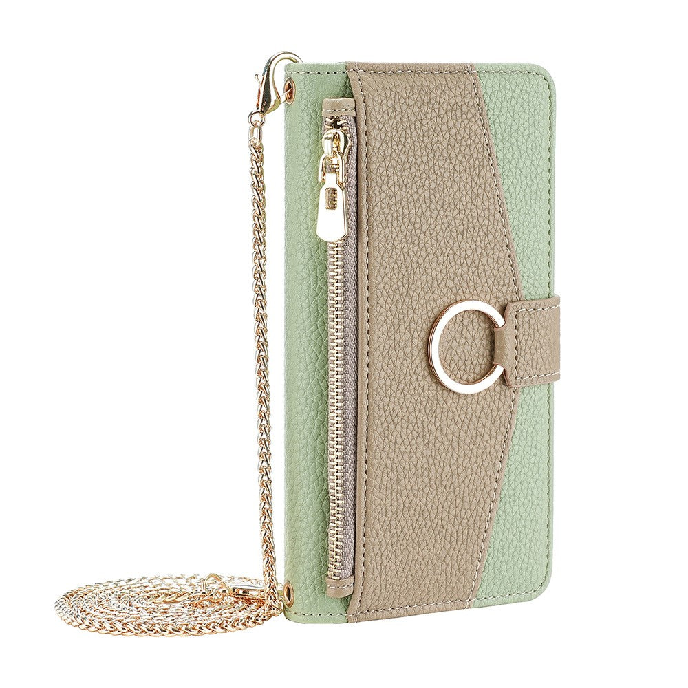 iPhone 15 Pro Wallet-Hülle – Litschi-Textur, mit Spiegel & Kettenschultergurt