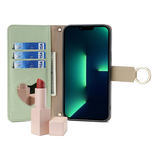 iPhone 15 Pro Wallet-Hülle – Litschi-Textur, mit Spiegel & Kettenschultergurt