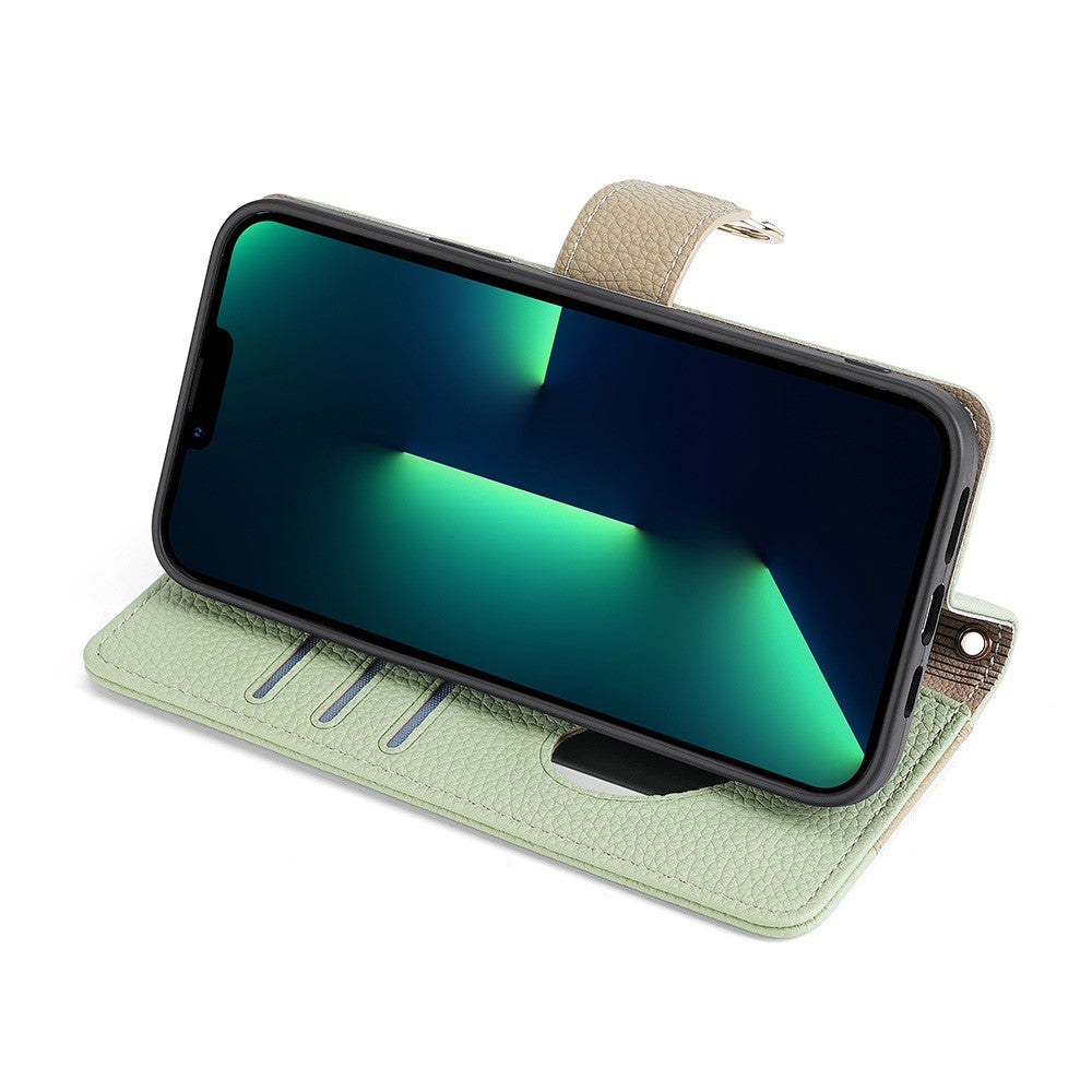iPhone 15 Pro Wallet-Hülle – Litschi-Textur, mit Spiegel & Kettenschultergurt