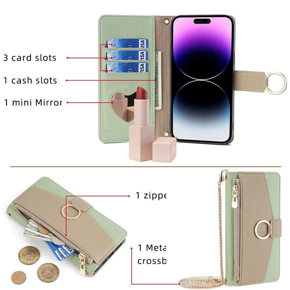 iPhone 15 Pro Wallet-Hülle – Litschi-Textur, mit Spiegel & Kettenschultergurt
