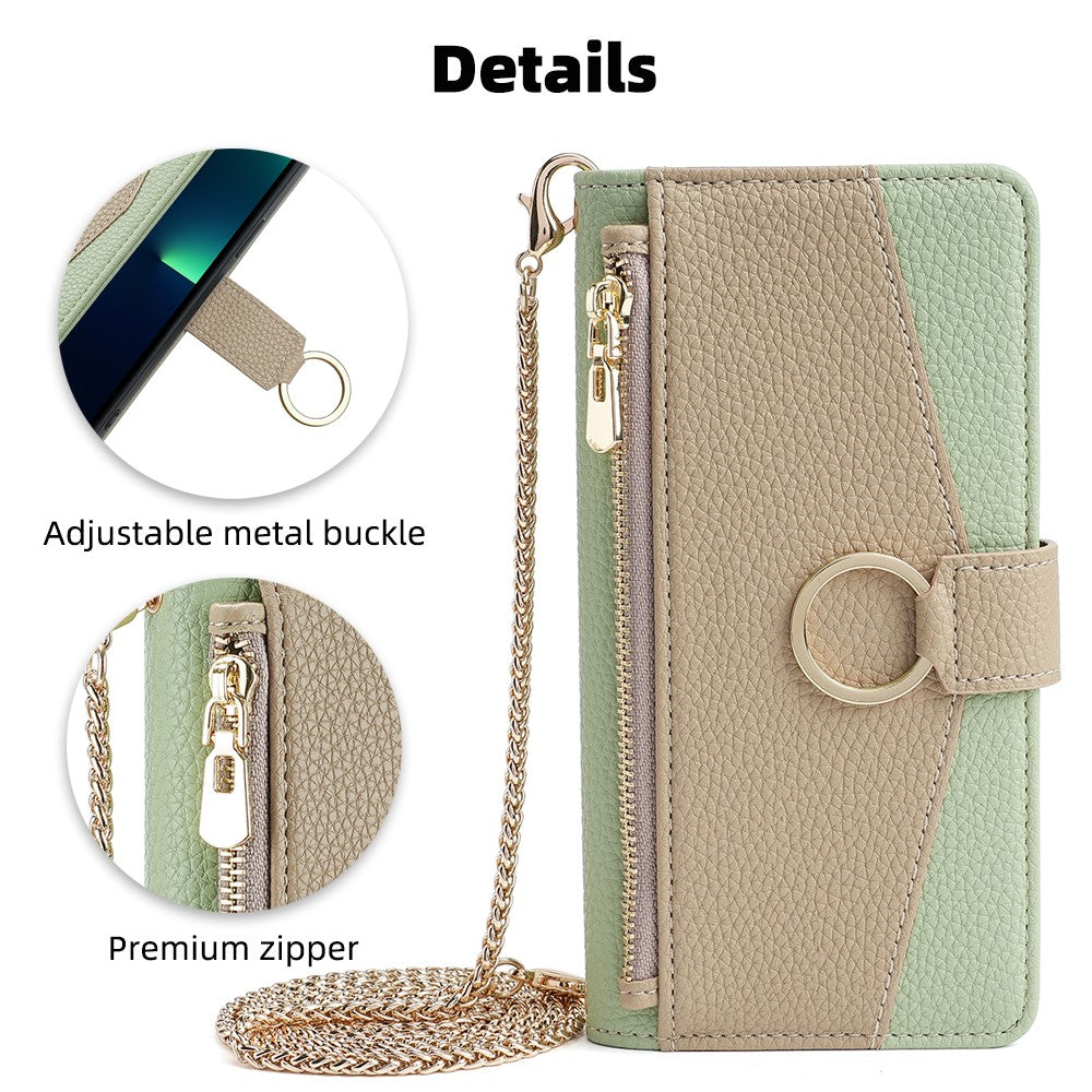 iPhone 15 Pro Wallet-Hülle – Litschi-Textur, mit Spiegel & Kettenschultergurt