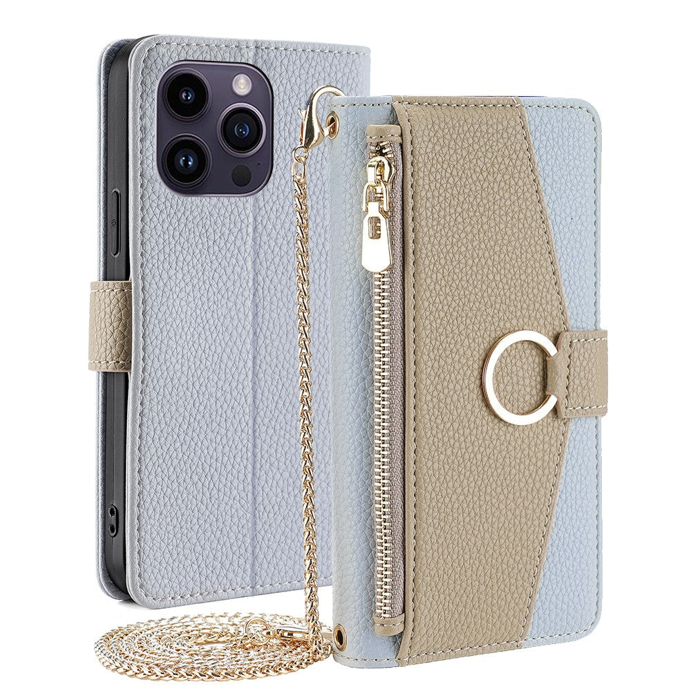iPhone 15 Pro Wallet-Hülle – Litschi-Textur, mit Spiegel & Kettenschultergurt