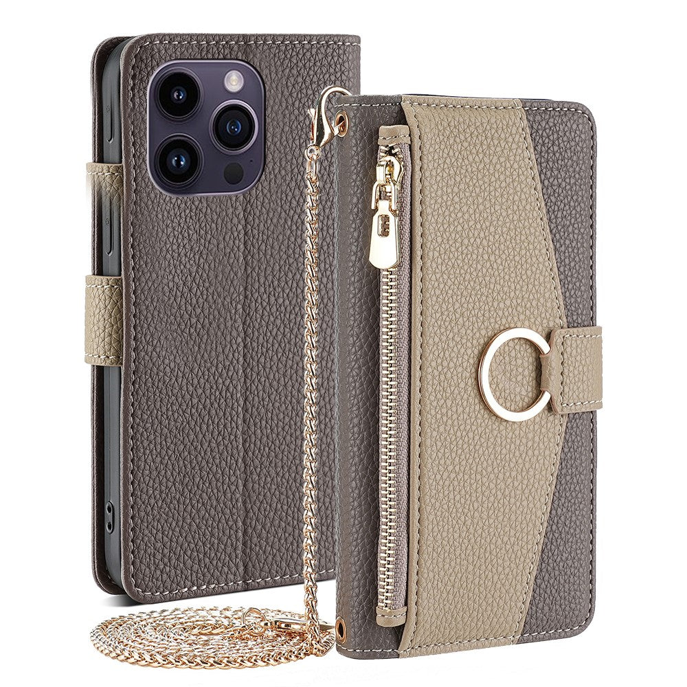 iPhone 15 Pro Wallet-Hülle – Litschi-Textur, mit Spiegel & Kettenschultergurt