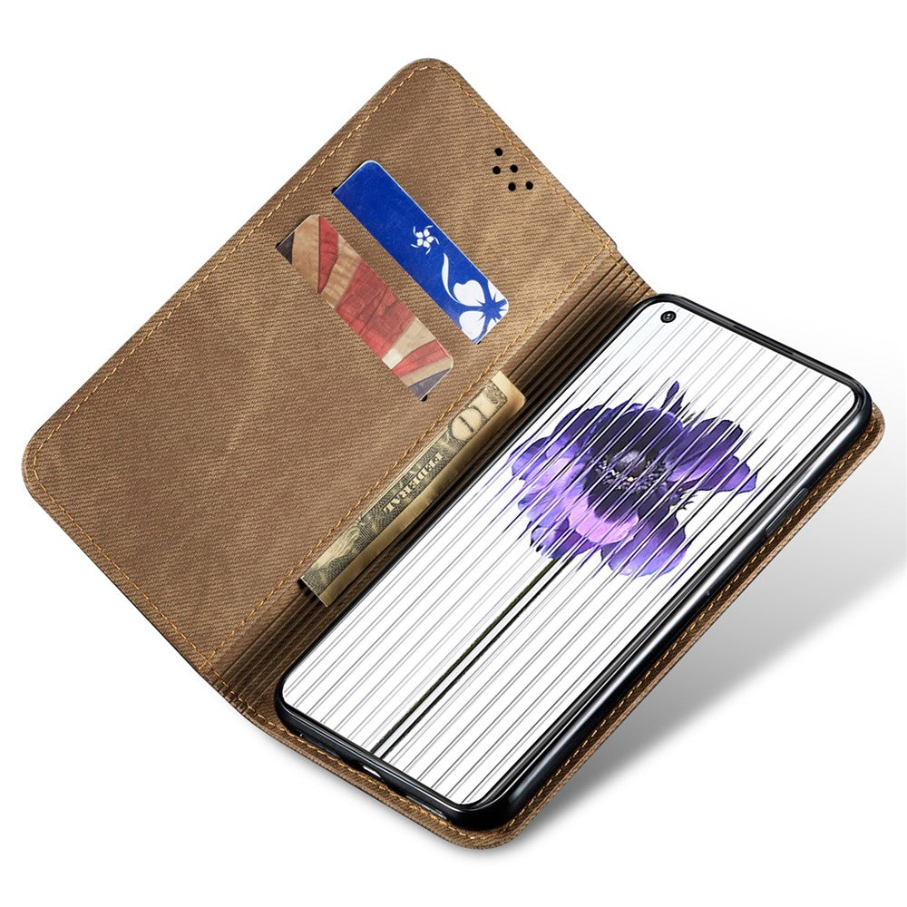 Nothing Phone (2) Handyhülle – Mit Jeansstoff-Textur, PU-Leder, Standfunktion, magnetischer Automatikverschluss, Rundumschutz, mit Brieftasche