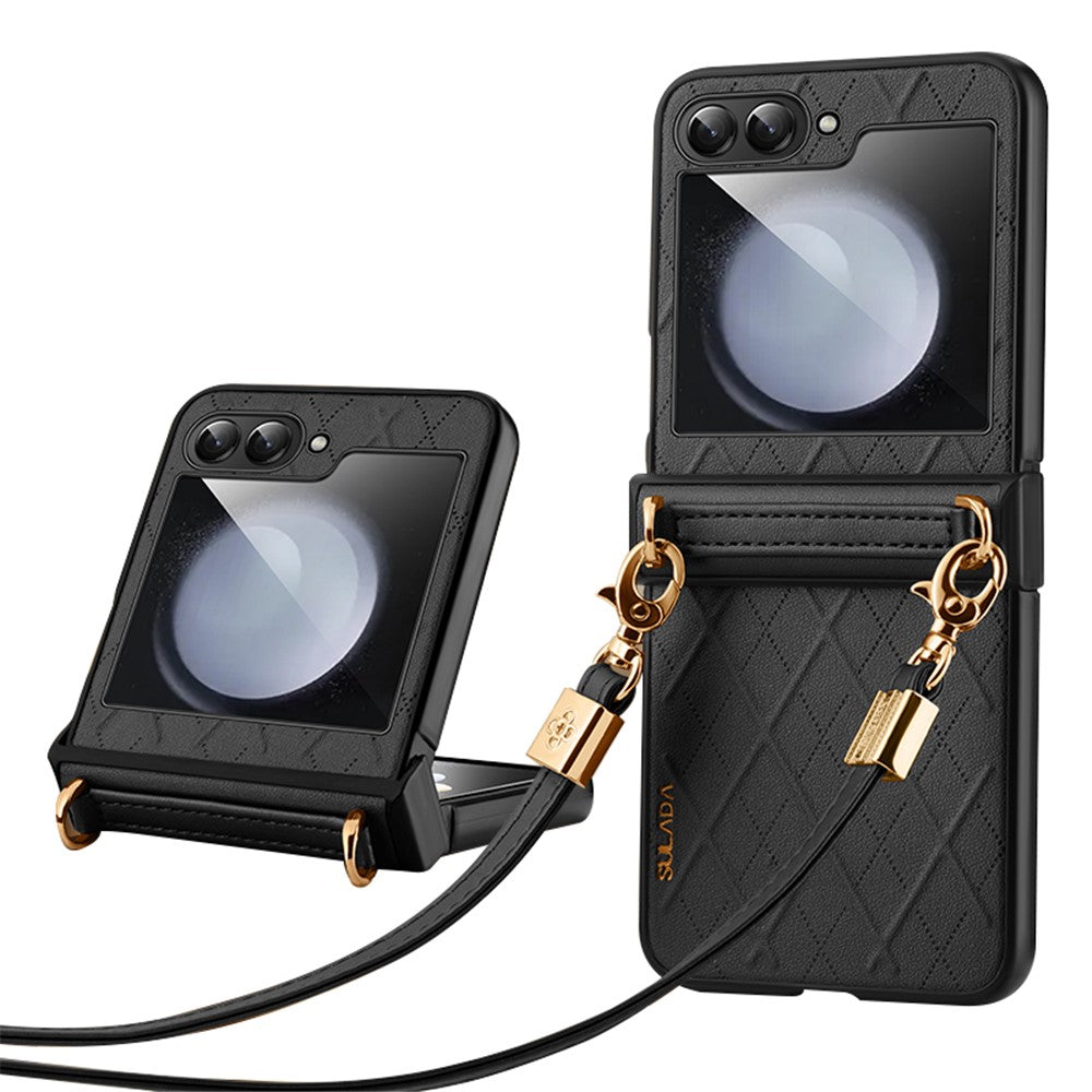 SULADA For Samsung Galaxy Z Flip5 5G PU Leather Coated PC Case Imprinted Phone Cover with Shoulder Strap